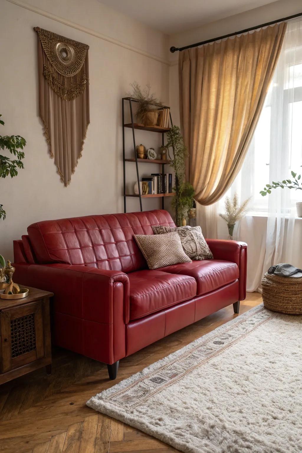Layering fabrics introduces profundity and warmth to a family room featuring a crimson hide sofa.