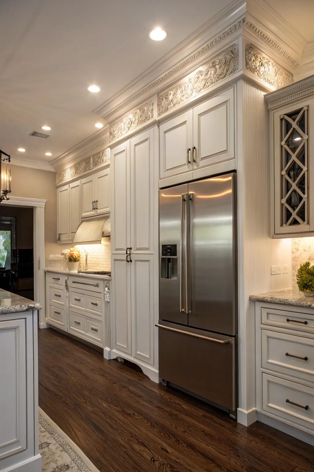 Decorative trim surrounding the refrigerator adds a refined element to the kitchen.