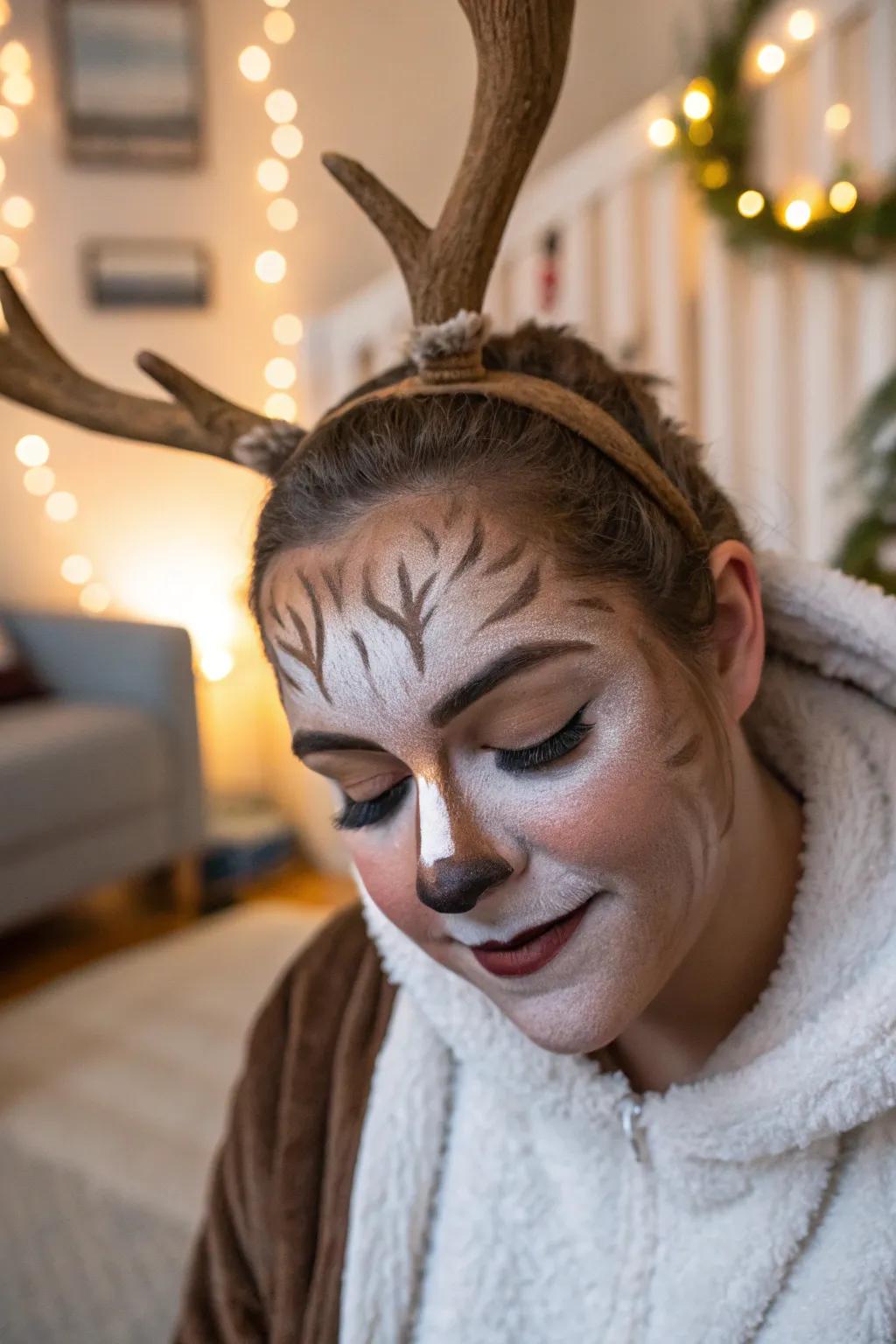 Authentic fur textures make this reindeer face paint a true masterpiece.