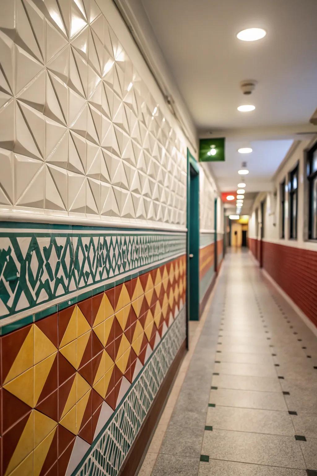 Geometric designs in relief tiles craft a chic, modern look.