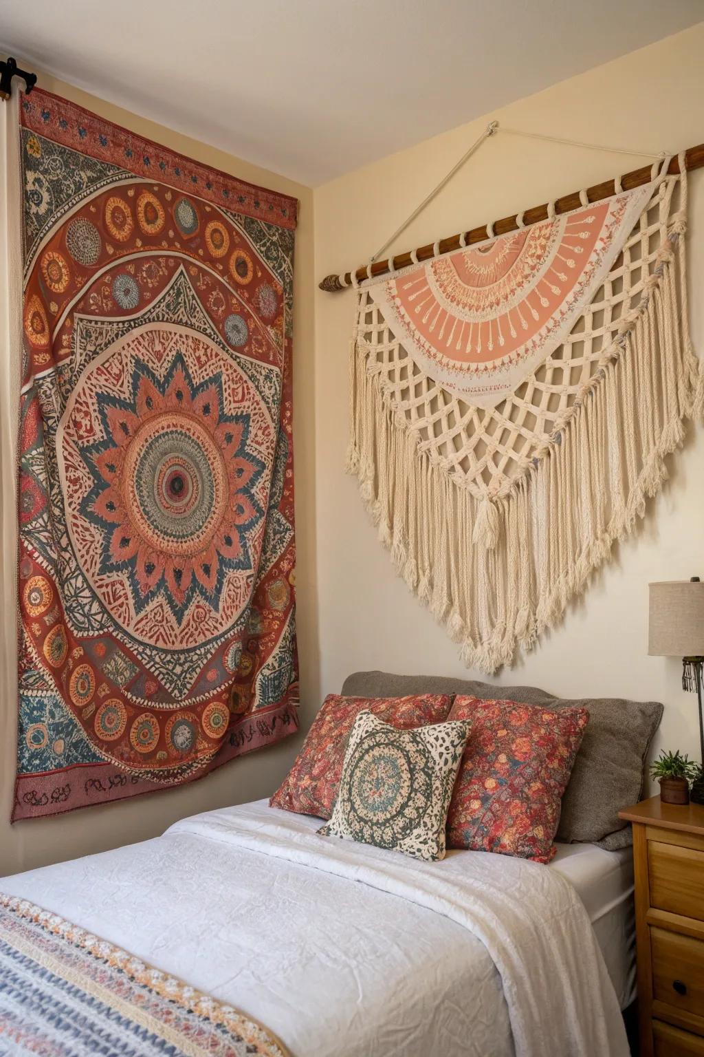 With textile wall hangings, add warmth and texture.
