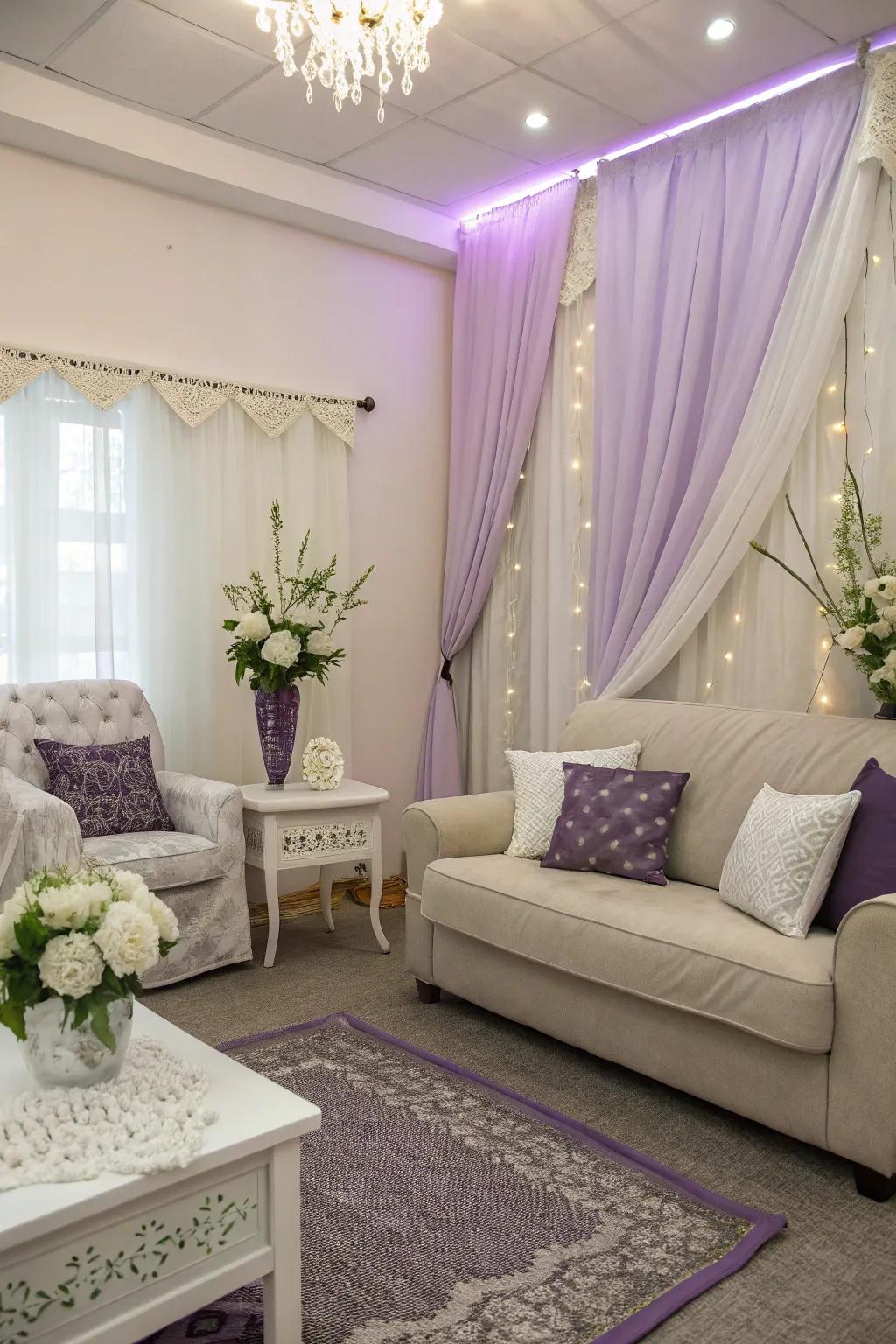 A soothing color palette with gentle neutrals and lavender accents.