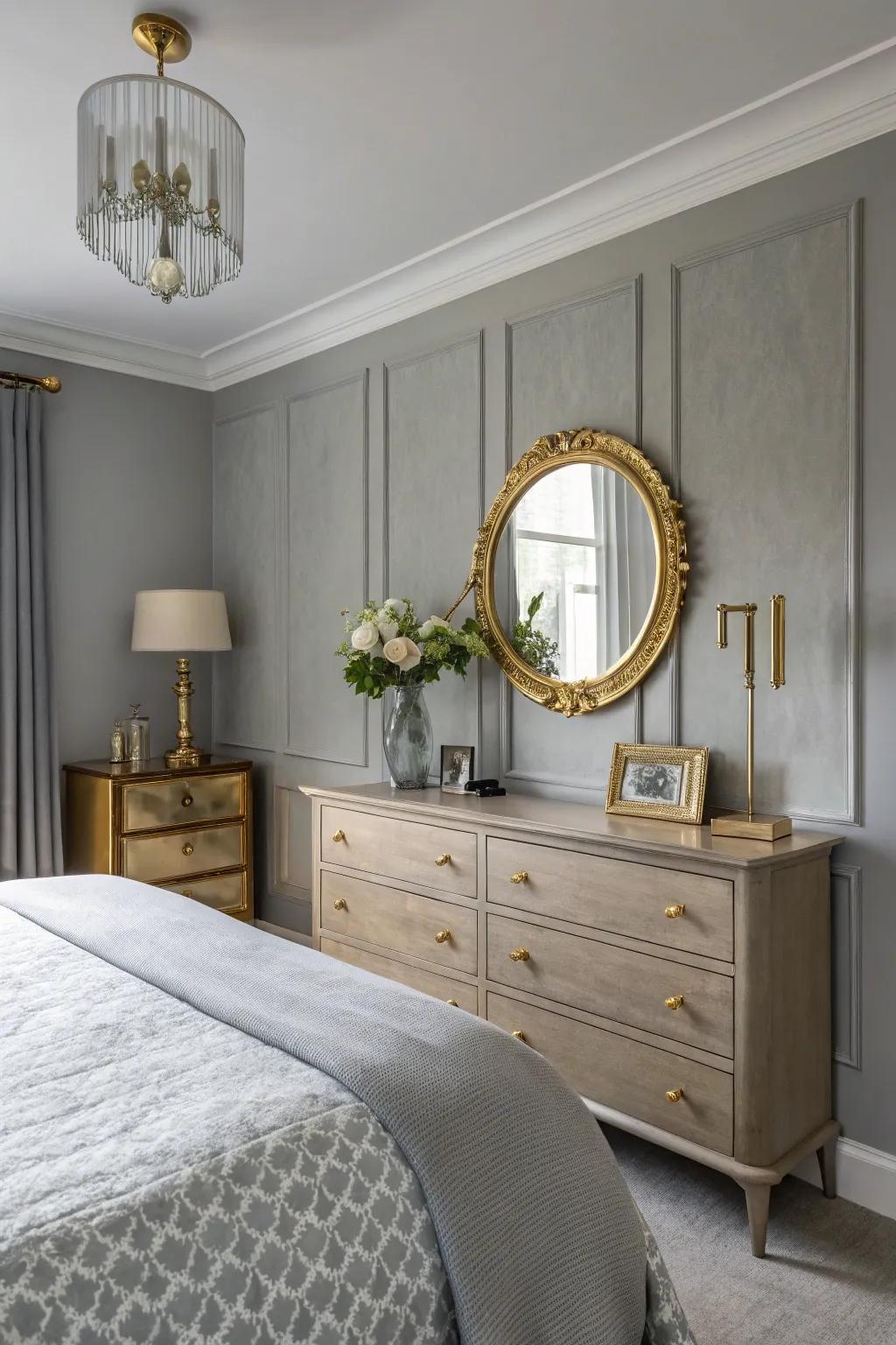 Metallic accents introduce a hint of sophistication to a repose gray bedroom.