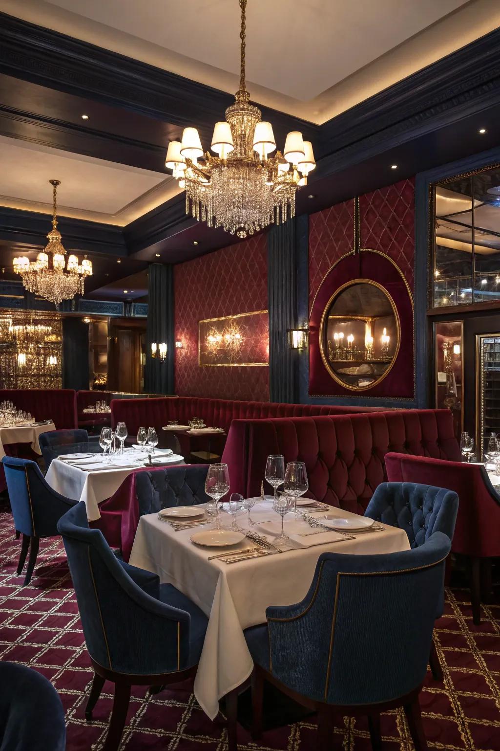 A sophisticated restaurant featuring rich burgundy and navy shades.