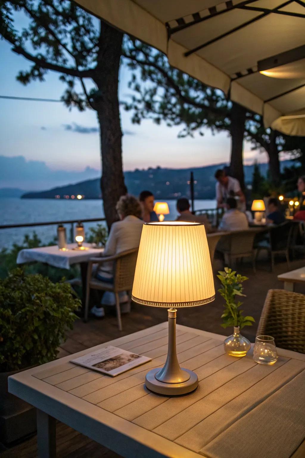 Cordless table lamp on a restaurant patio table in an outdoor area.