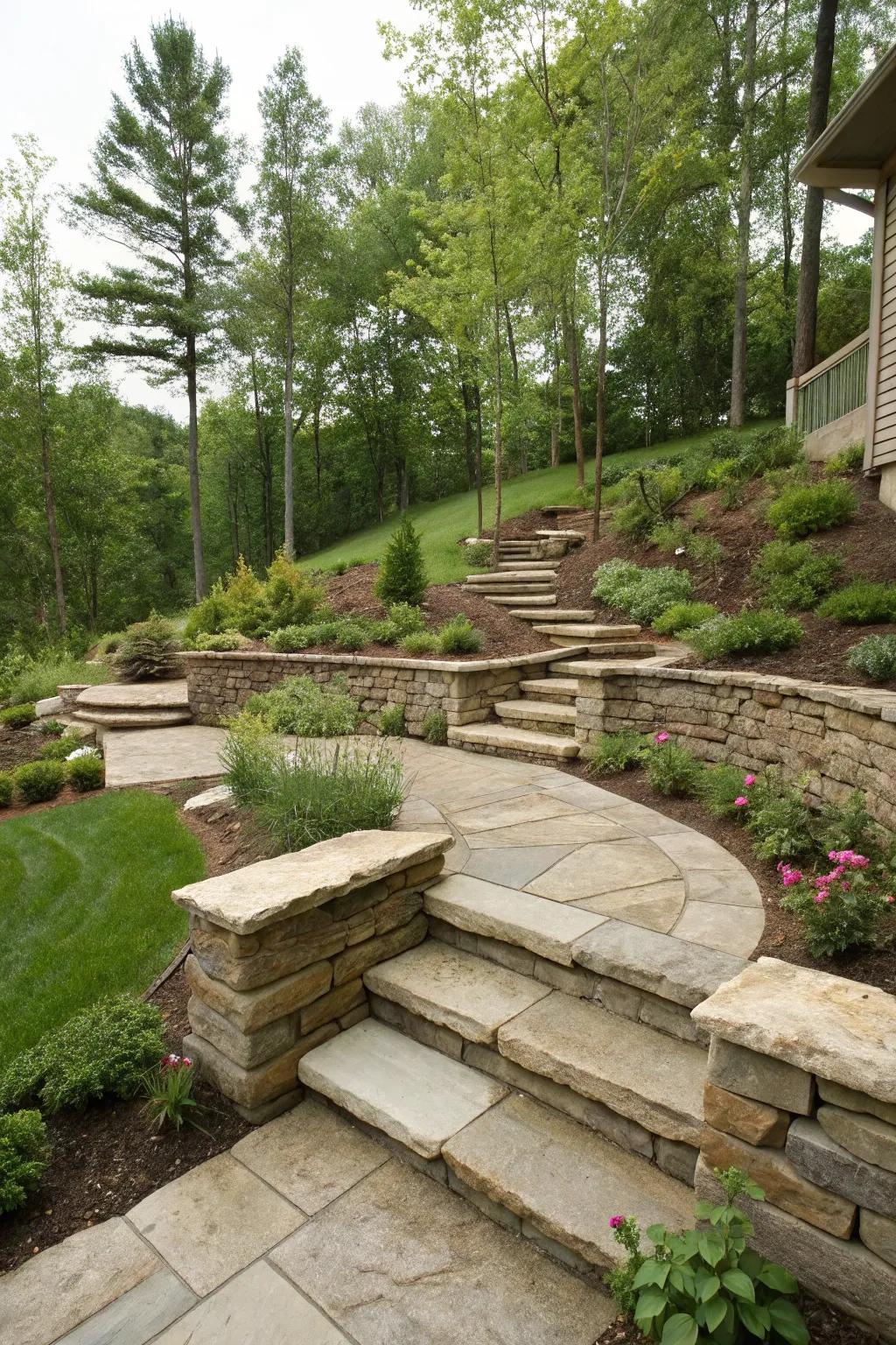Steps and pathways enhance both functionality and charm in garden designs.
