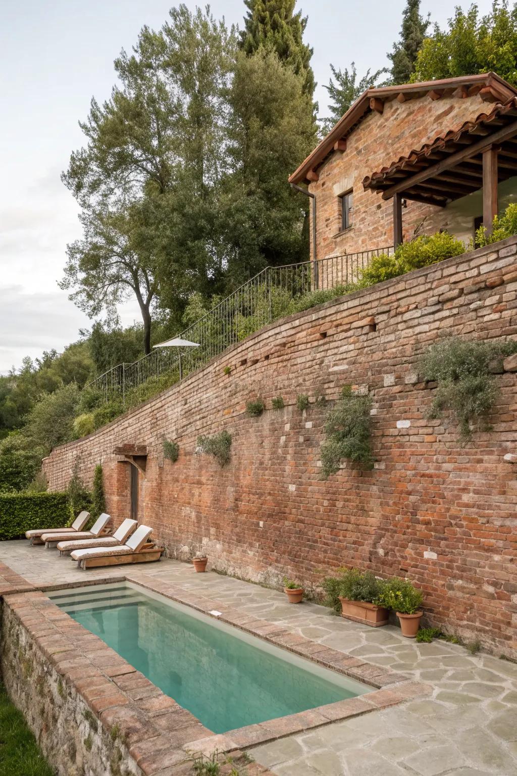 A charming brick retaining wall adding warmth to a pool area.