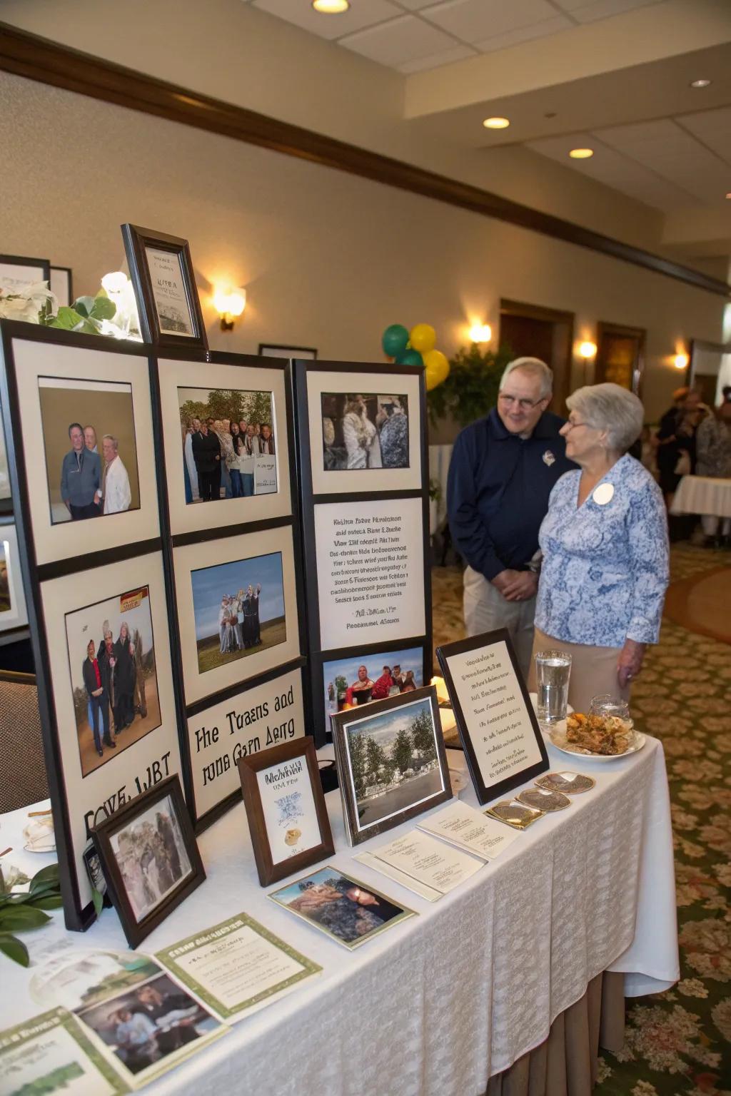 Photo displays honor the retiree’s journey and accomplishments.