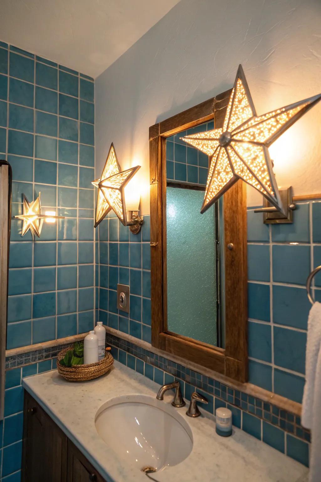 Unique lighting fixtures that add character to the bathroom.