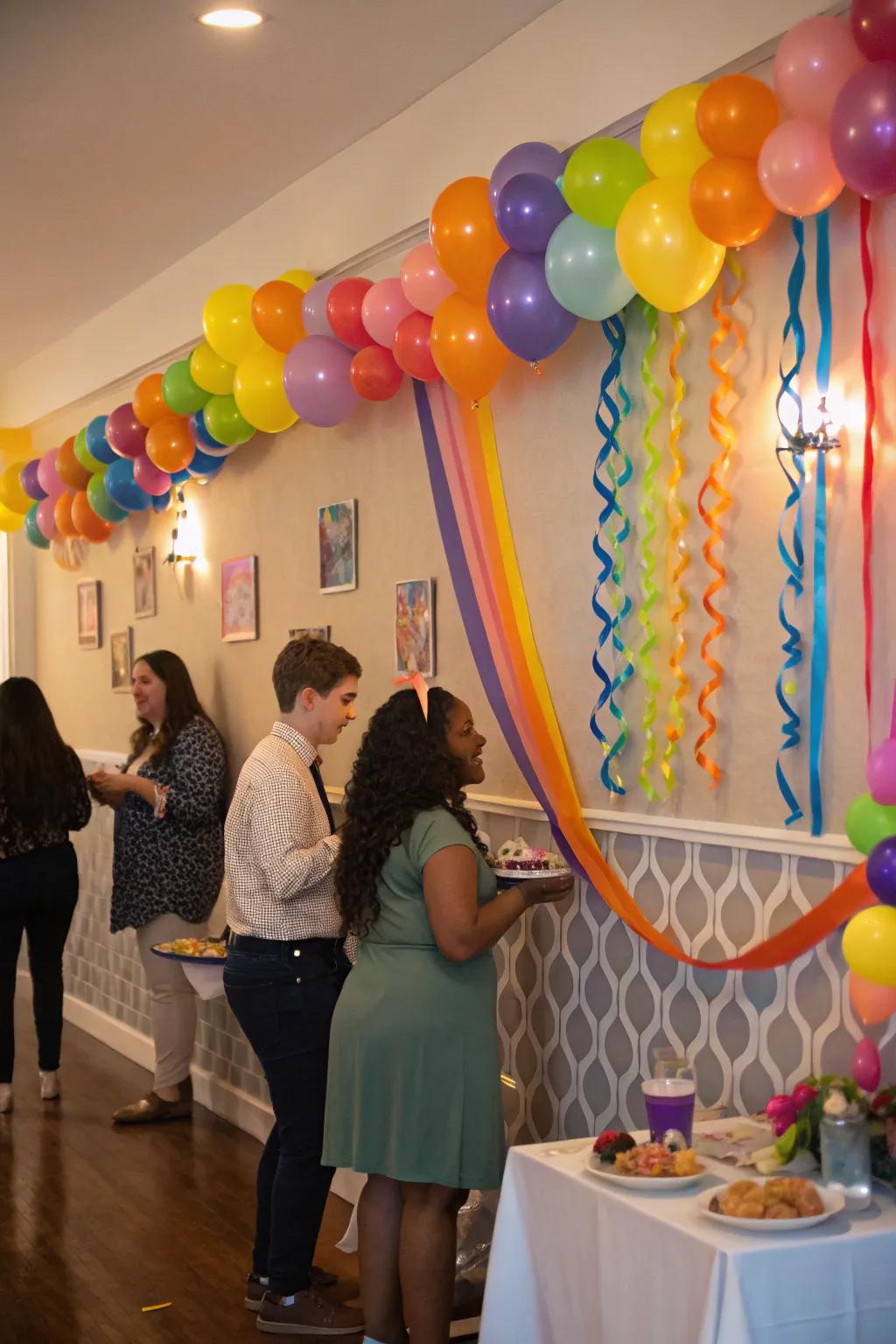 Party-perfect balloon and fabric strip wall decorations.