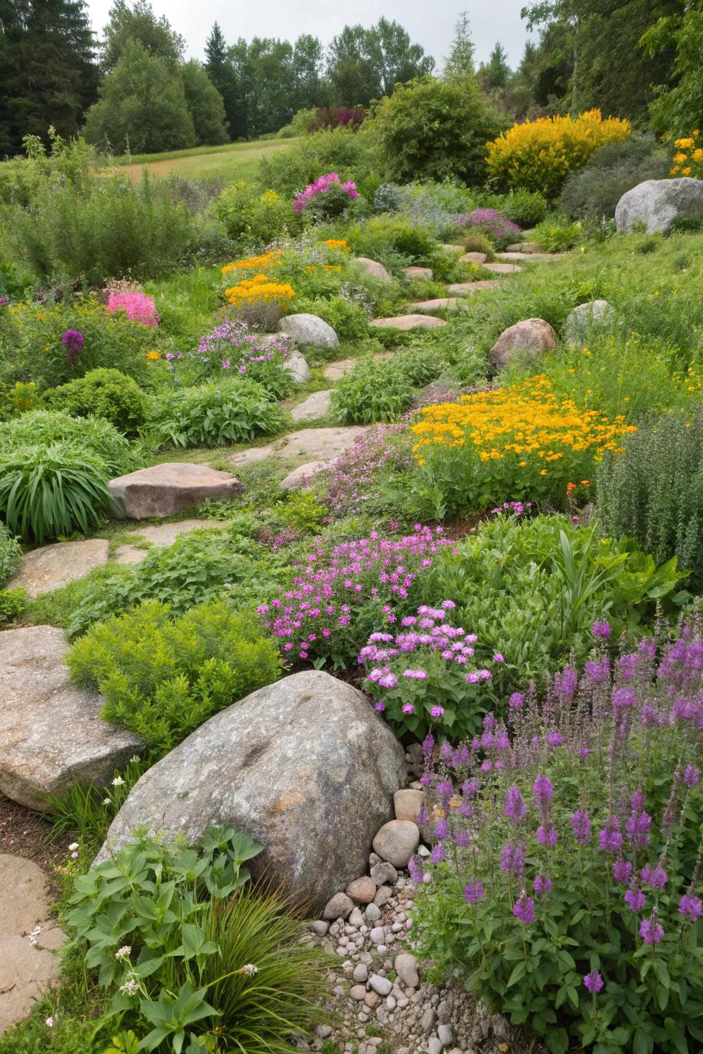 A harmonious blend of herbs and blossoms nestled among garden stones.