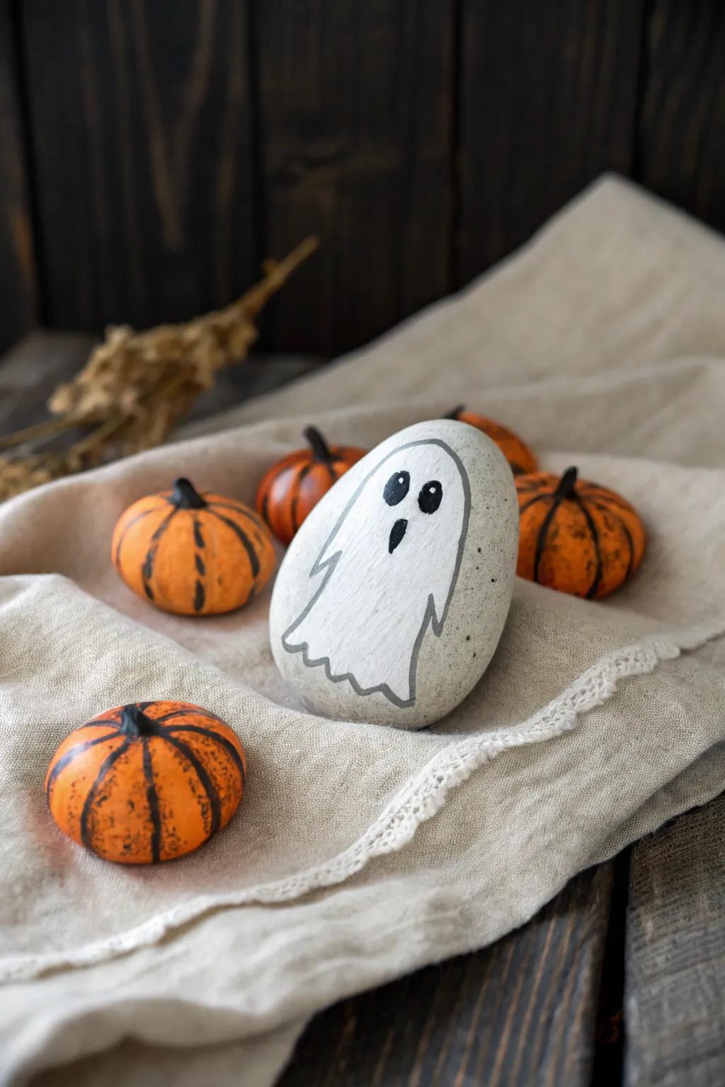 Enhance your Halloween decor with minimalist rock art that embodies the spooky spirit in a simple, natural way.
