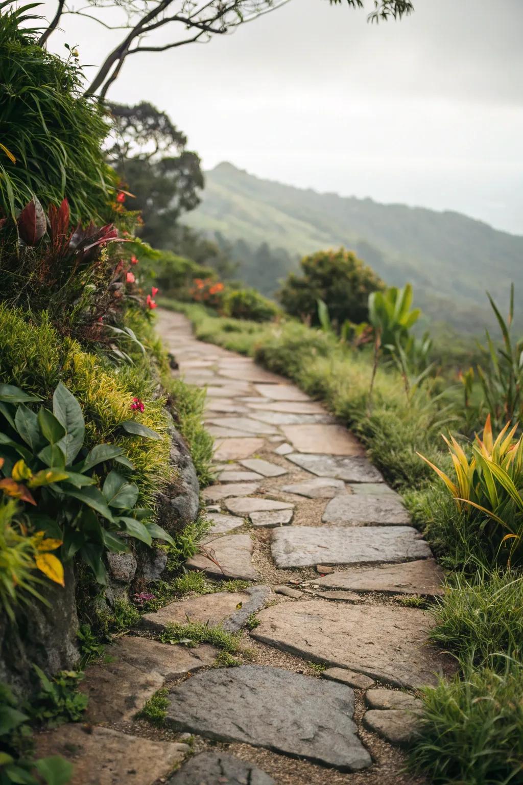 Verdure along the walkway bestows a lush and inviting ambiance.