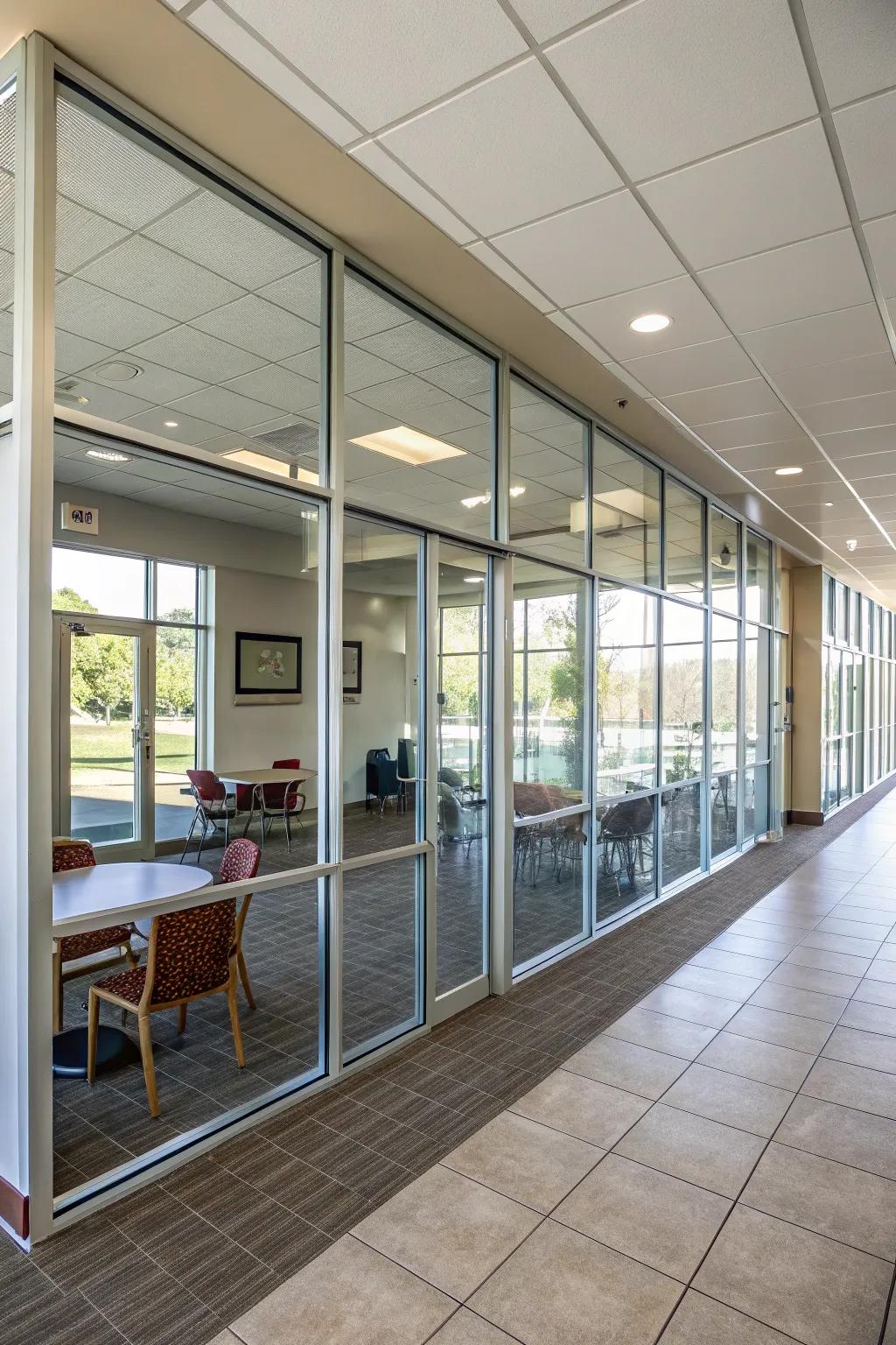 A room featuring a partition wall with clear panels, establishing a distinct yet open separation.