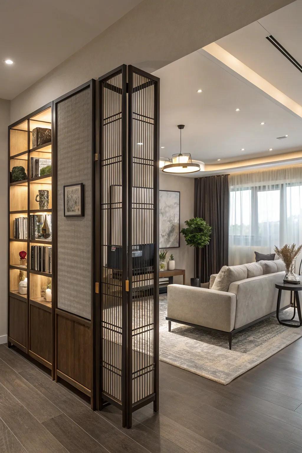 Furniture items serve a dual role, acting as both space dividers and functional elements.