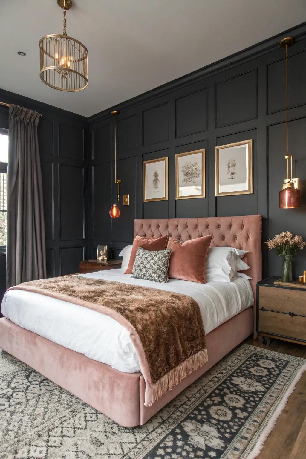 Dark walls paired with rose gold create an impressive contrast.