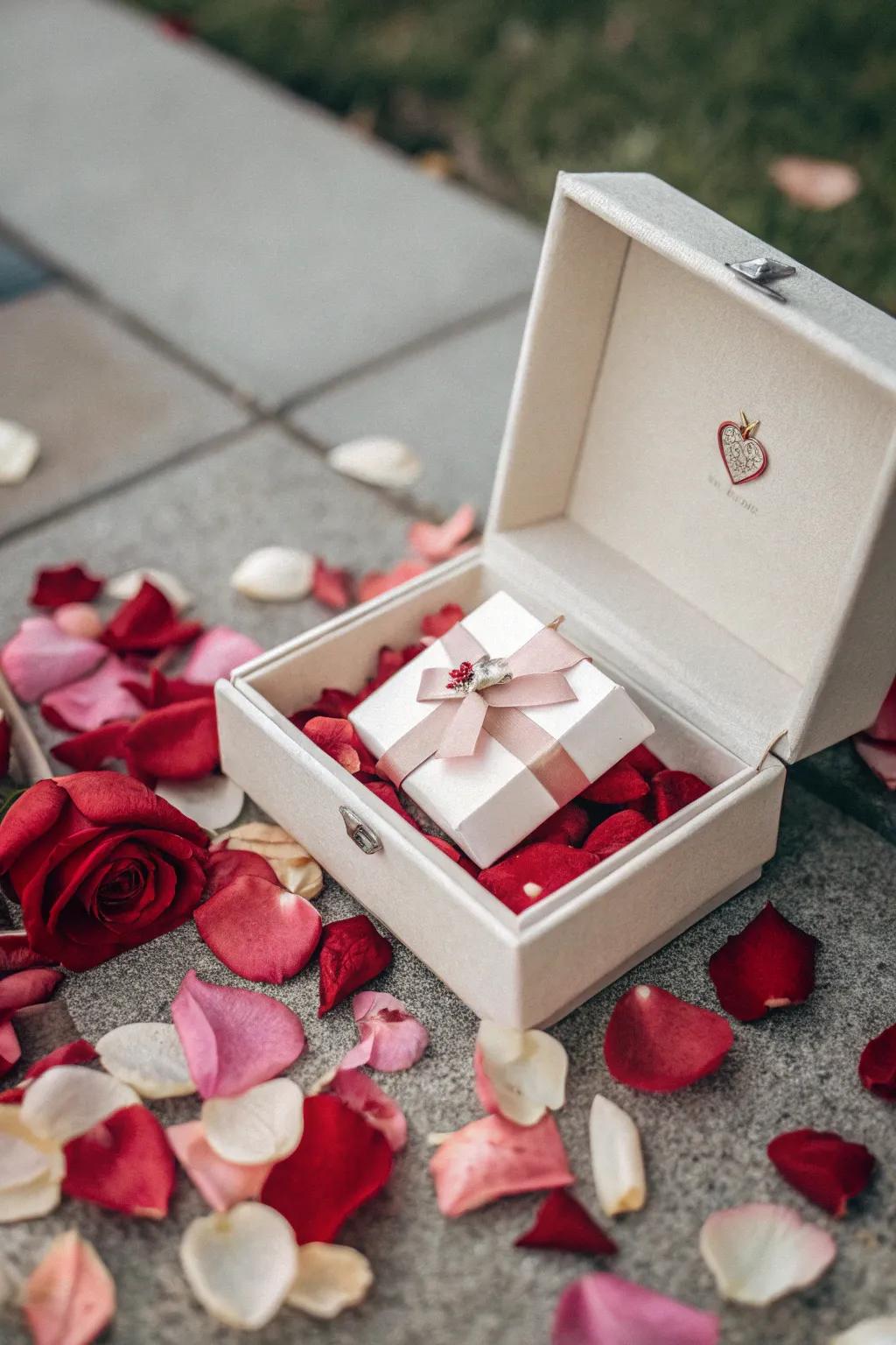 A surprise gift box filled with rose petals