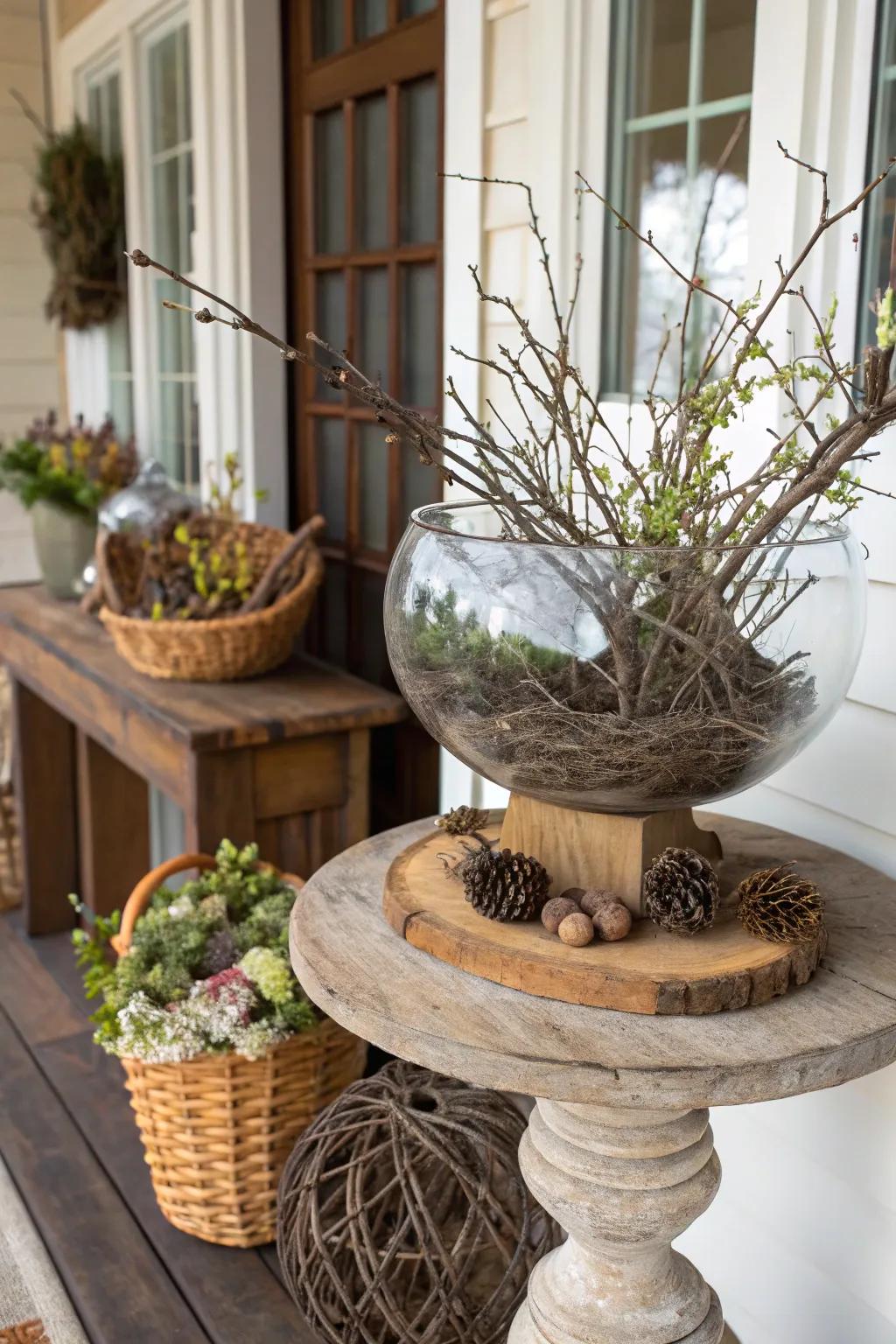 Natural elements like branches bring a rustic allure to glass bowls.