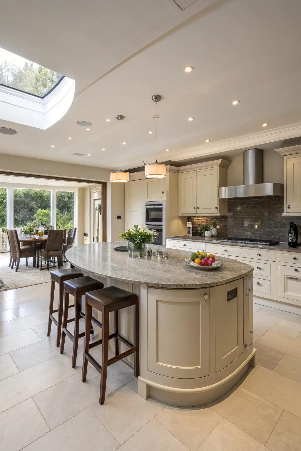 A central round island boosts area and circulation in a kitchen.