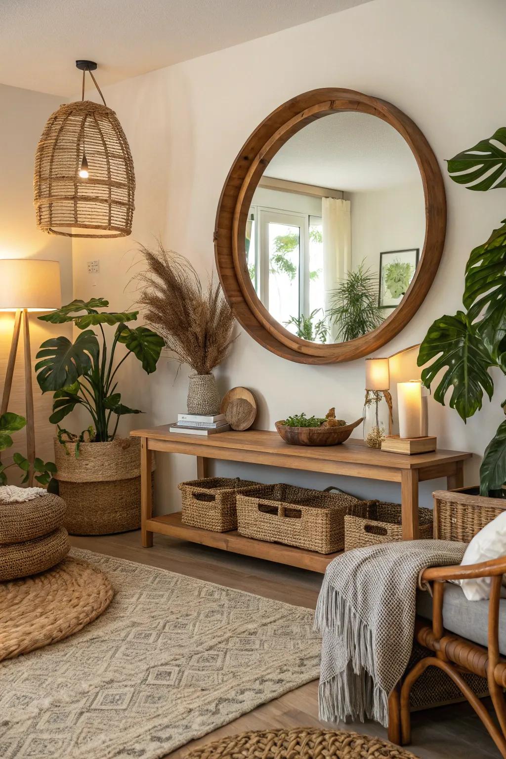 Timber-framed circular reflector instilling warmth into a rustic lounge.