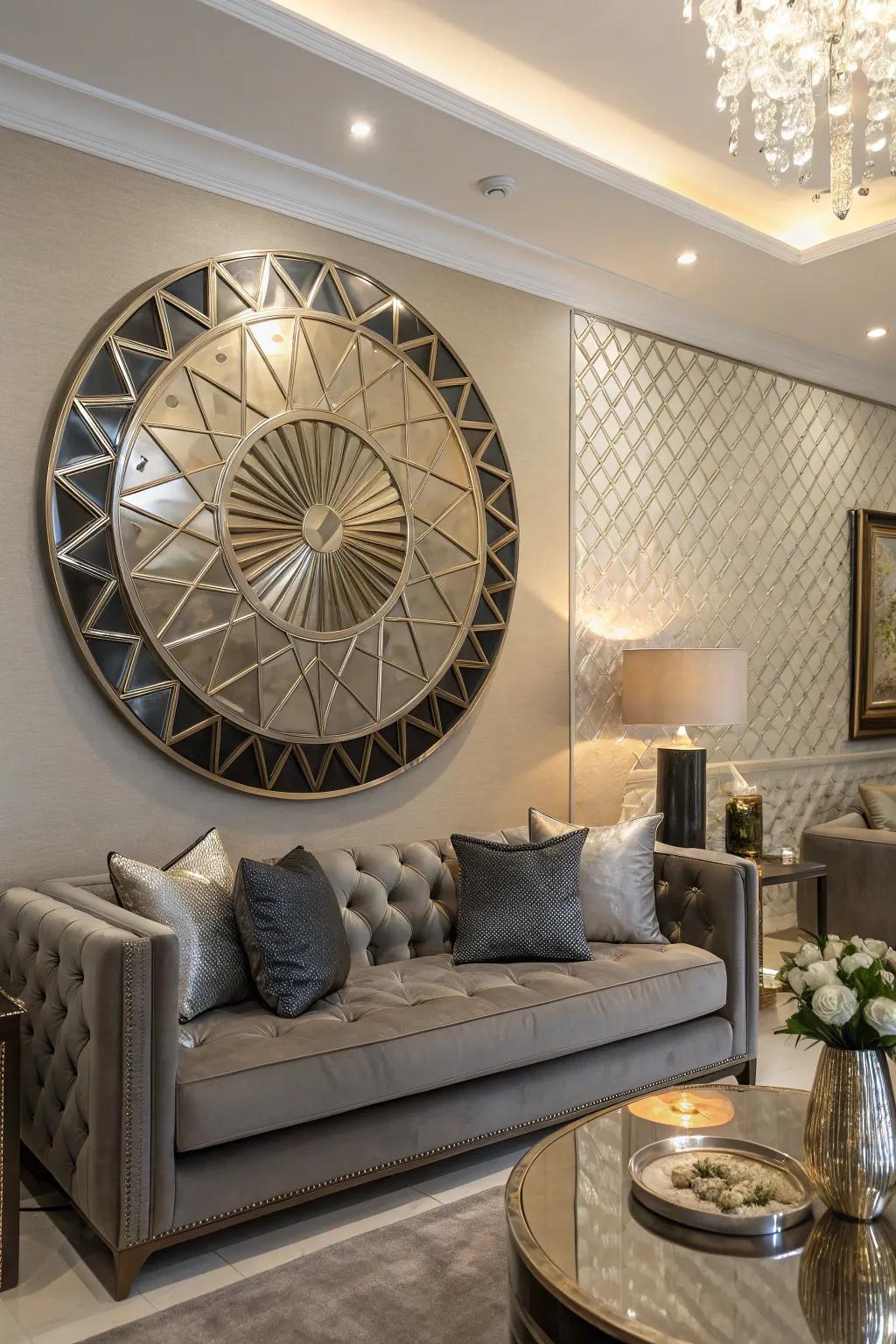Modern living room with metallic circular wall art featuring geometric patterns.