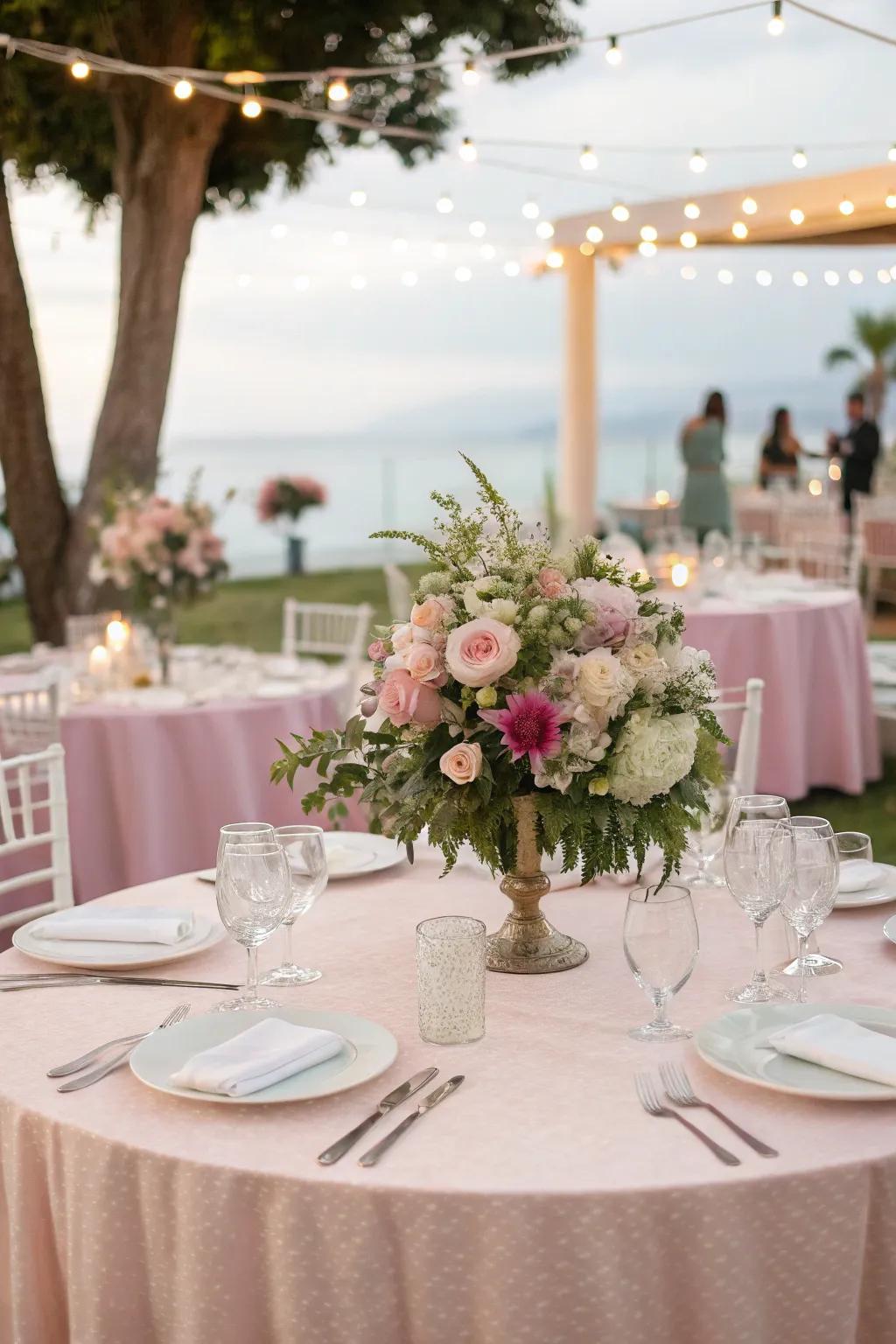 Enchanting pastel tablecloths ideal for a spring wedding.