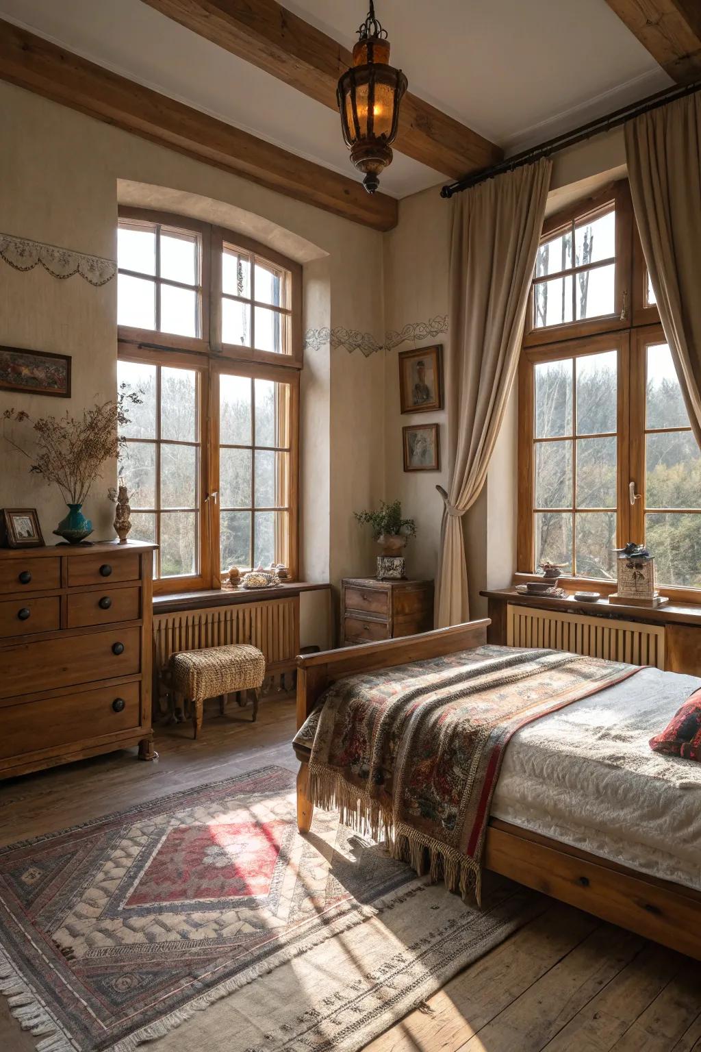 Sunshine brightens and enlarges this countryside bedroom.