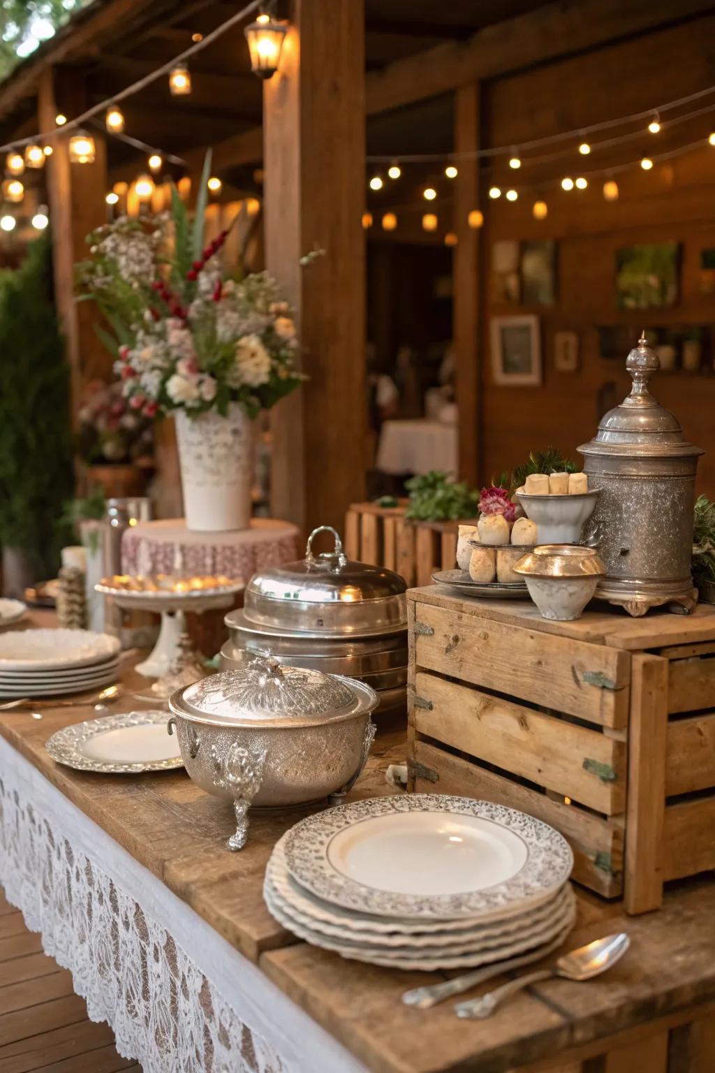 Aged dinnerware adds a unique charm to the country-style sideboard.