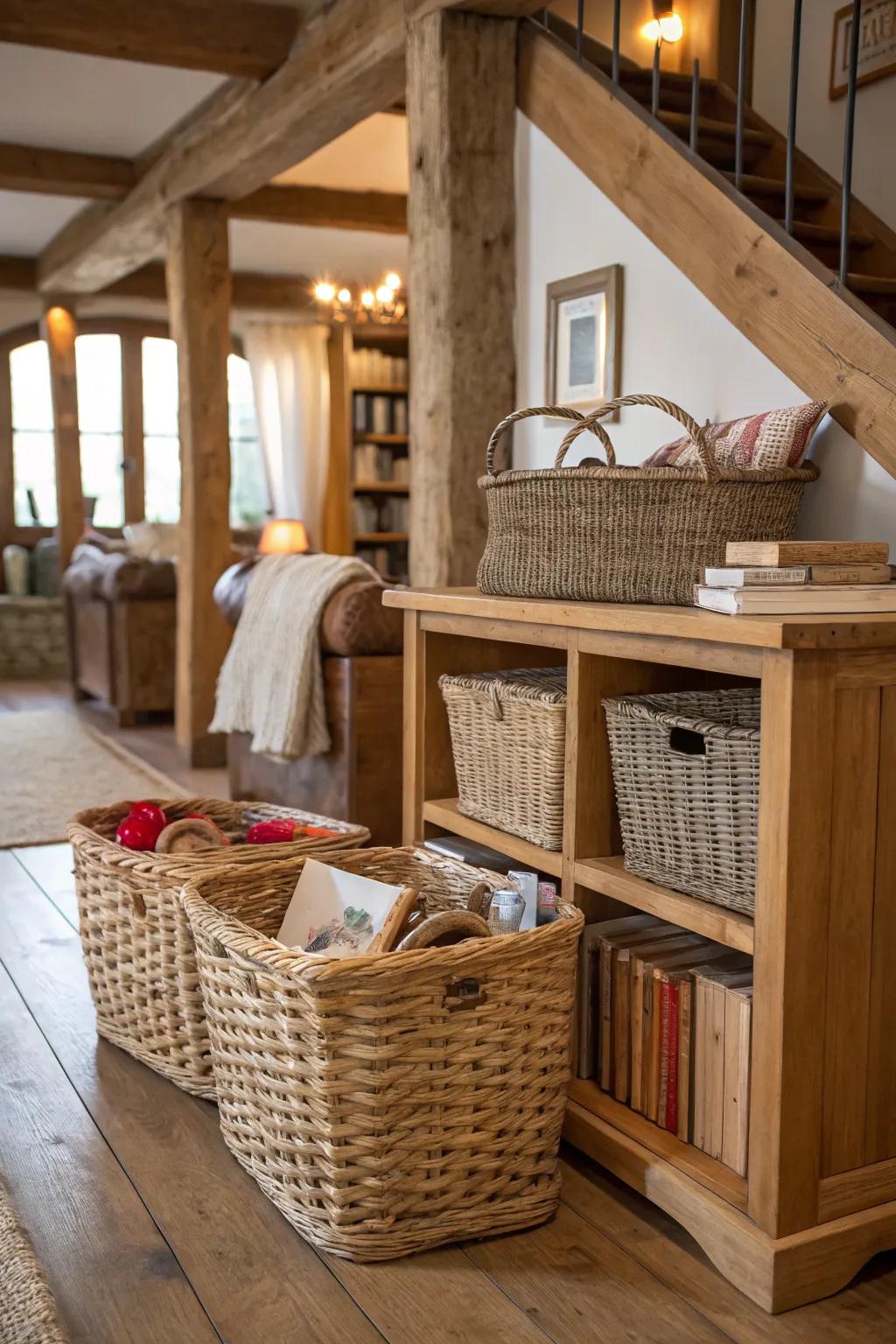 Living space featuring plaited receptacles for practical decor.