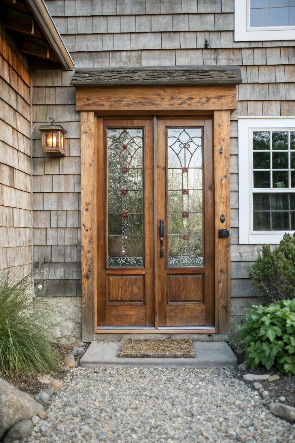 Decorative glass panels add elegance and allow light to enhance rustic doors.