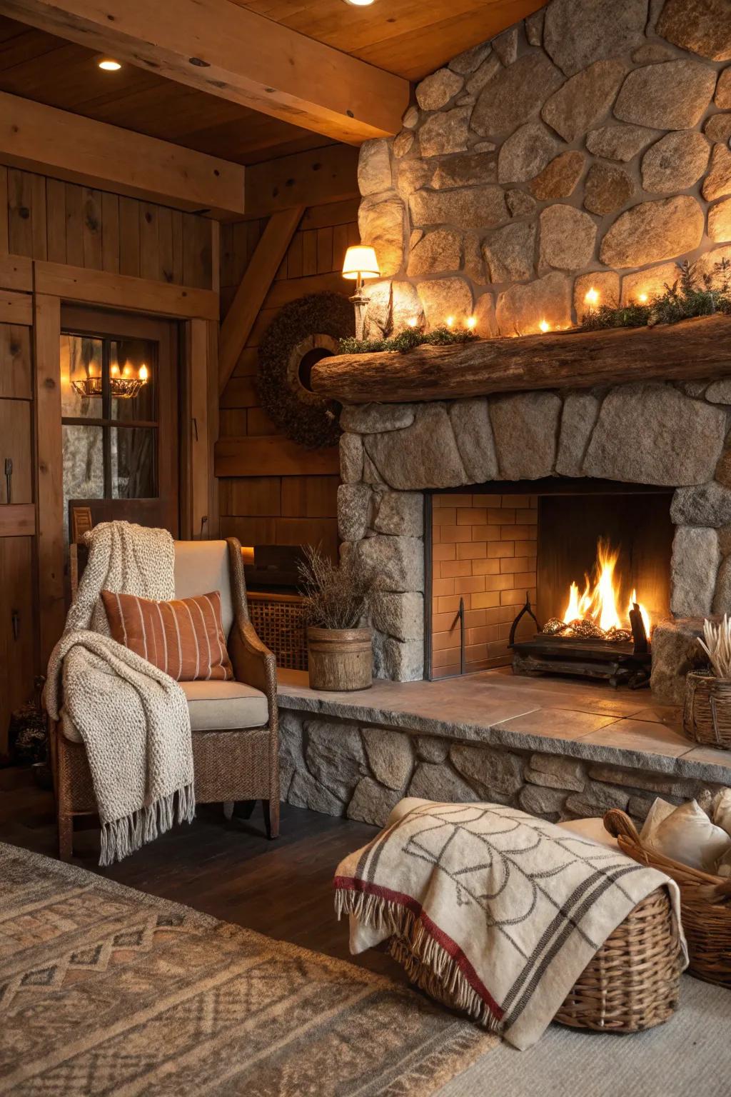 Cozy earthy shades enhance the country-style appeal of this fireplace.