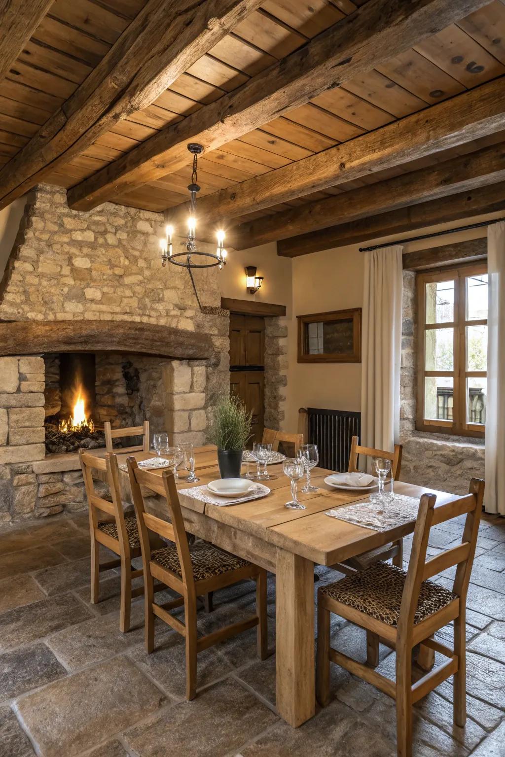 Raw wood furnishings in a rustic dining room.