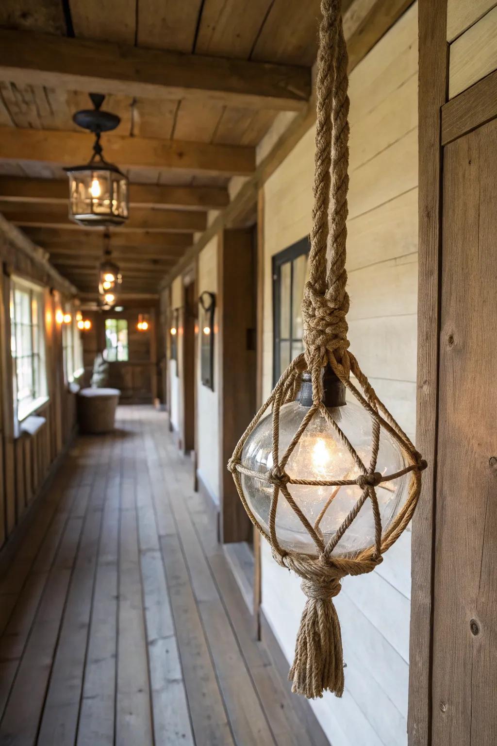 Glass and rope features produce an industrial countryside aesthetic within this hallway.
