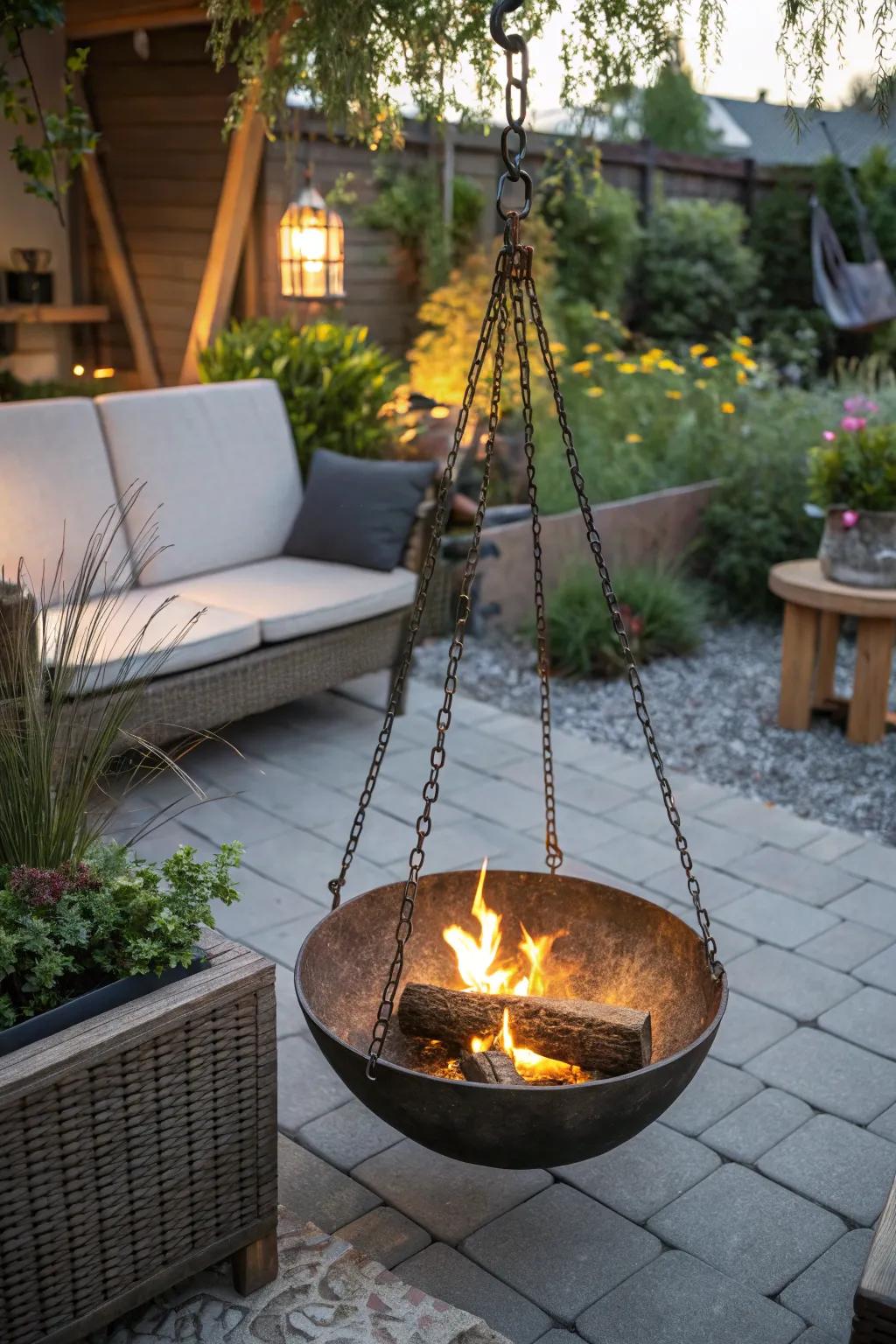 Elevate your outdoor area with a hanging fire bowl.