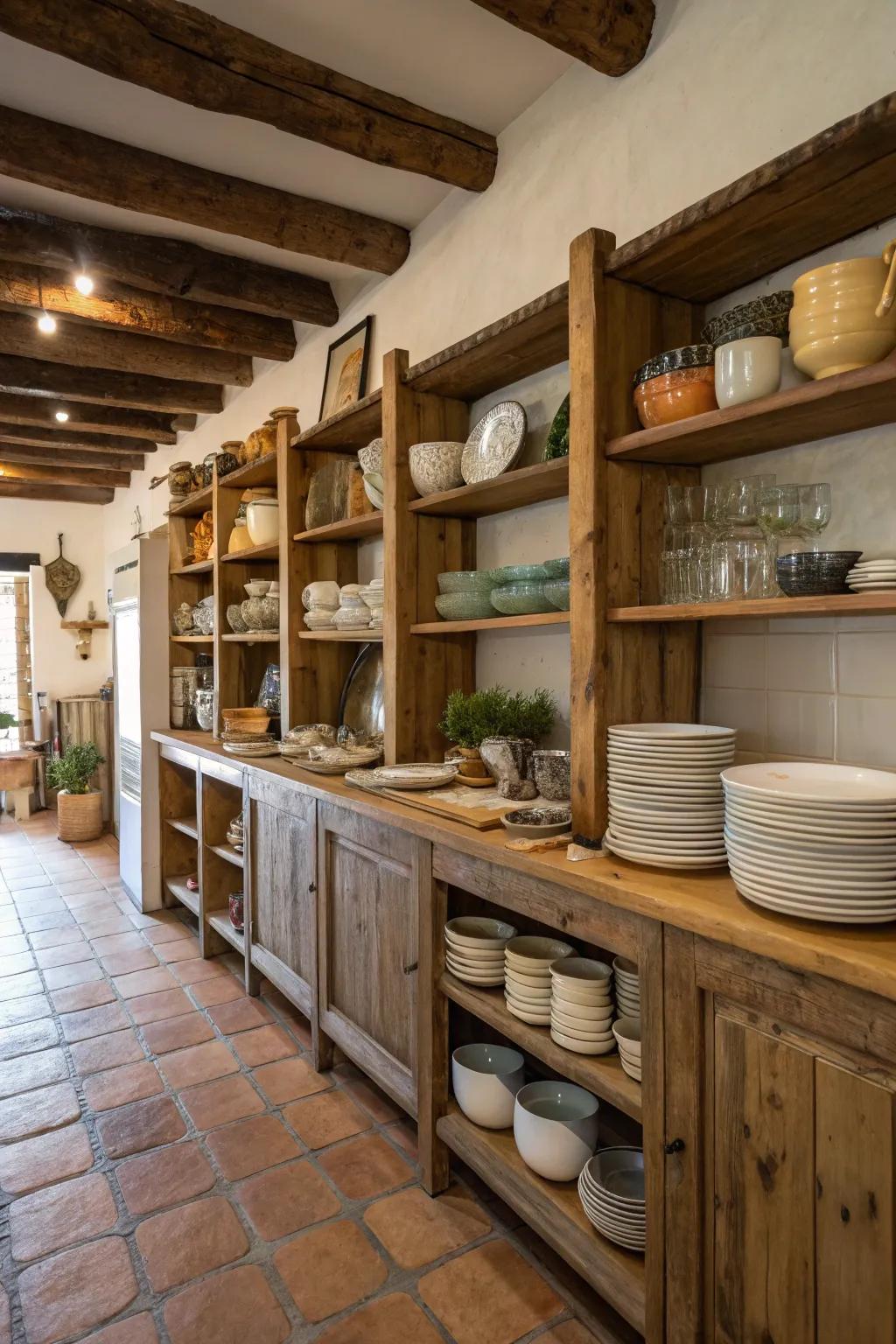 Uncovered shelving displays dishes and adds a homely accent.