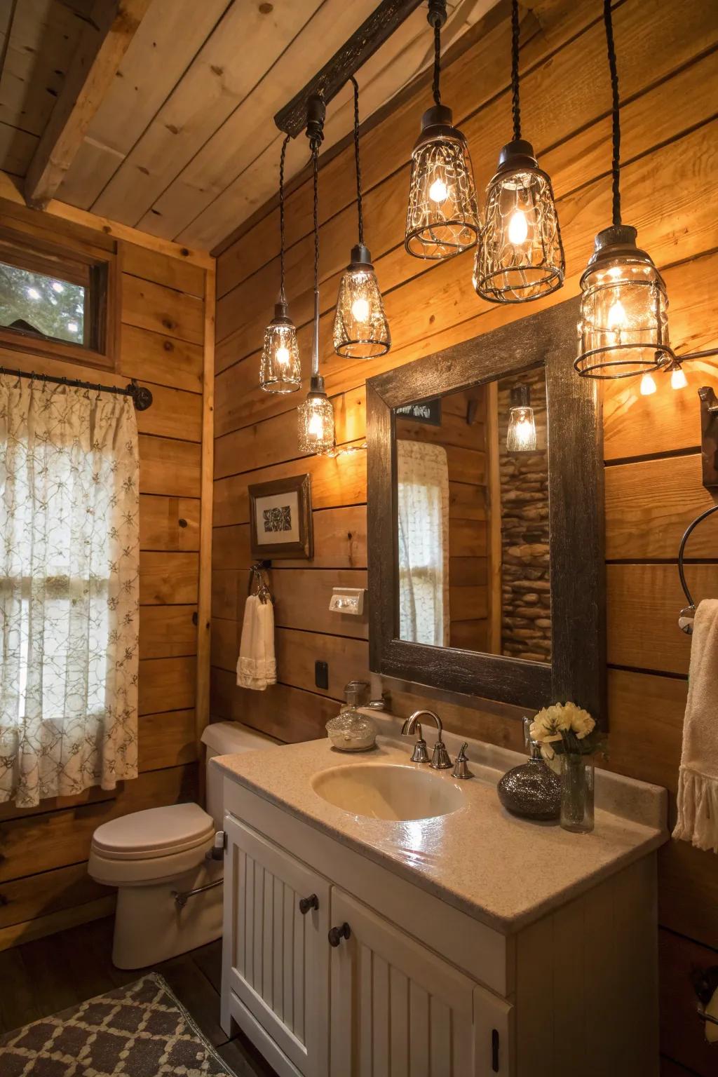 Preserving jar lighting offers a warm, vintage mood.