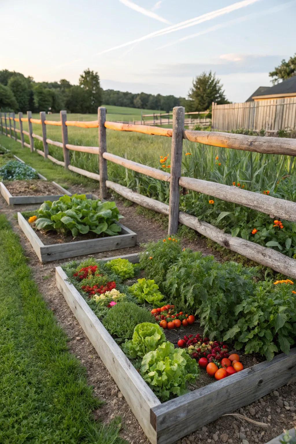 Elevated garden beds beautifully framed by a rustic split rail fence.