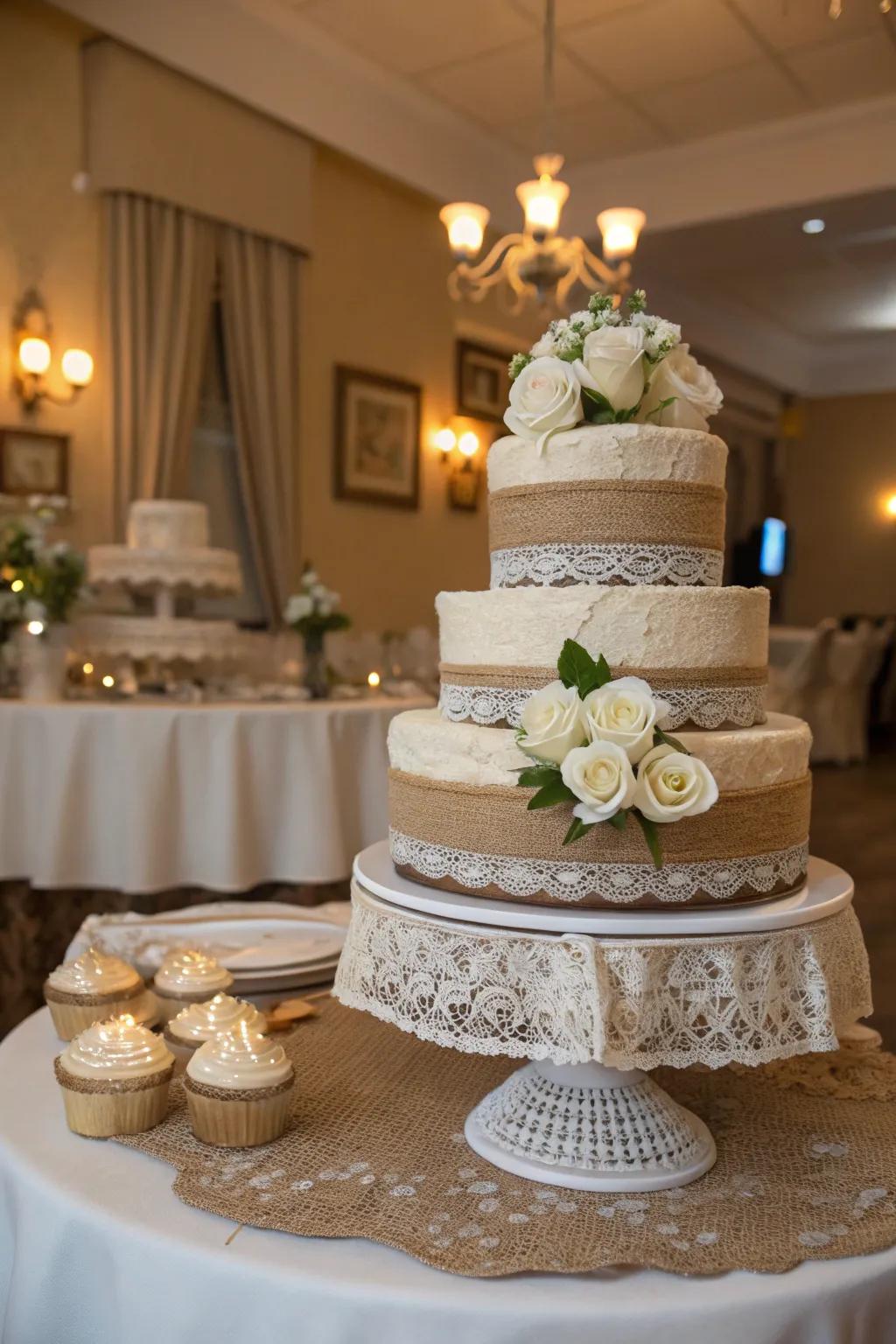 Sackcloth and ribbon details add elegance to a rustic cake stand.