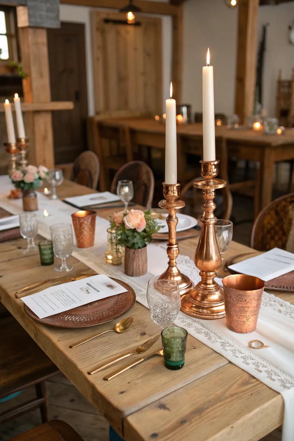 Varied metallic embellishments enhancing the countryside sophistication of the head table.