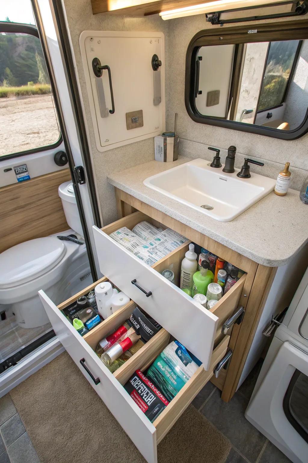 Improve under-sink storage space with slide-out drawers.