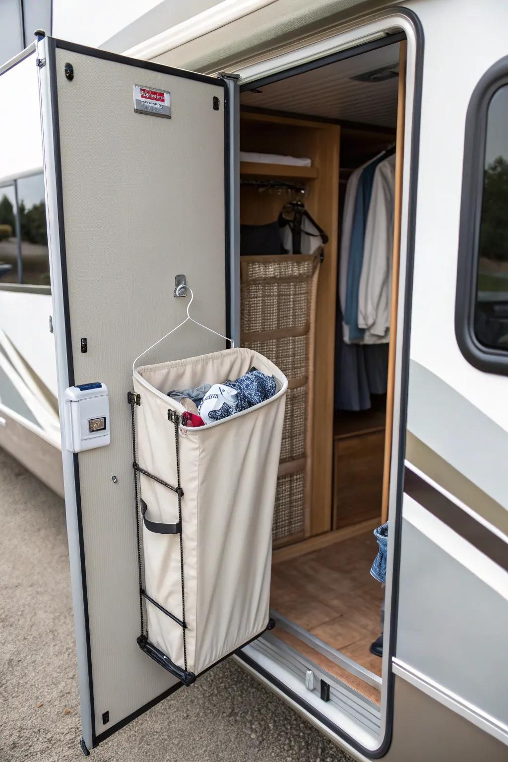 A slim hamper keeps dirty laundry organized and hidden.