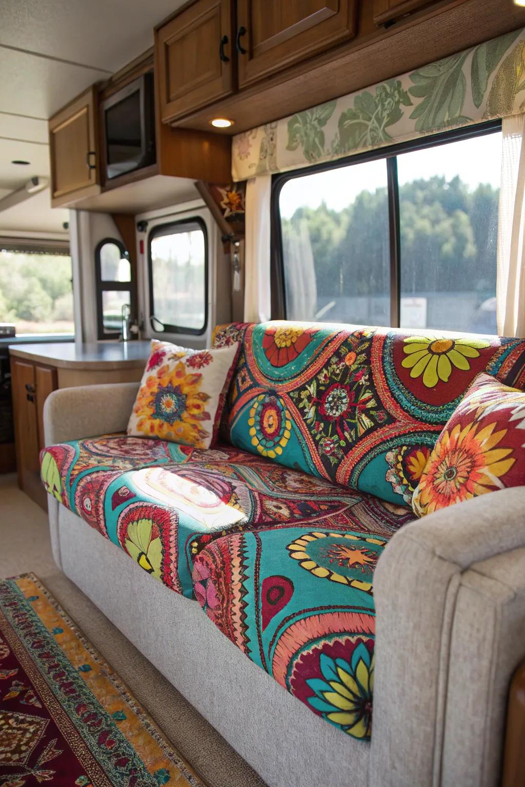 Patterned slipcovers give your RV's interior a fresh look.
