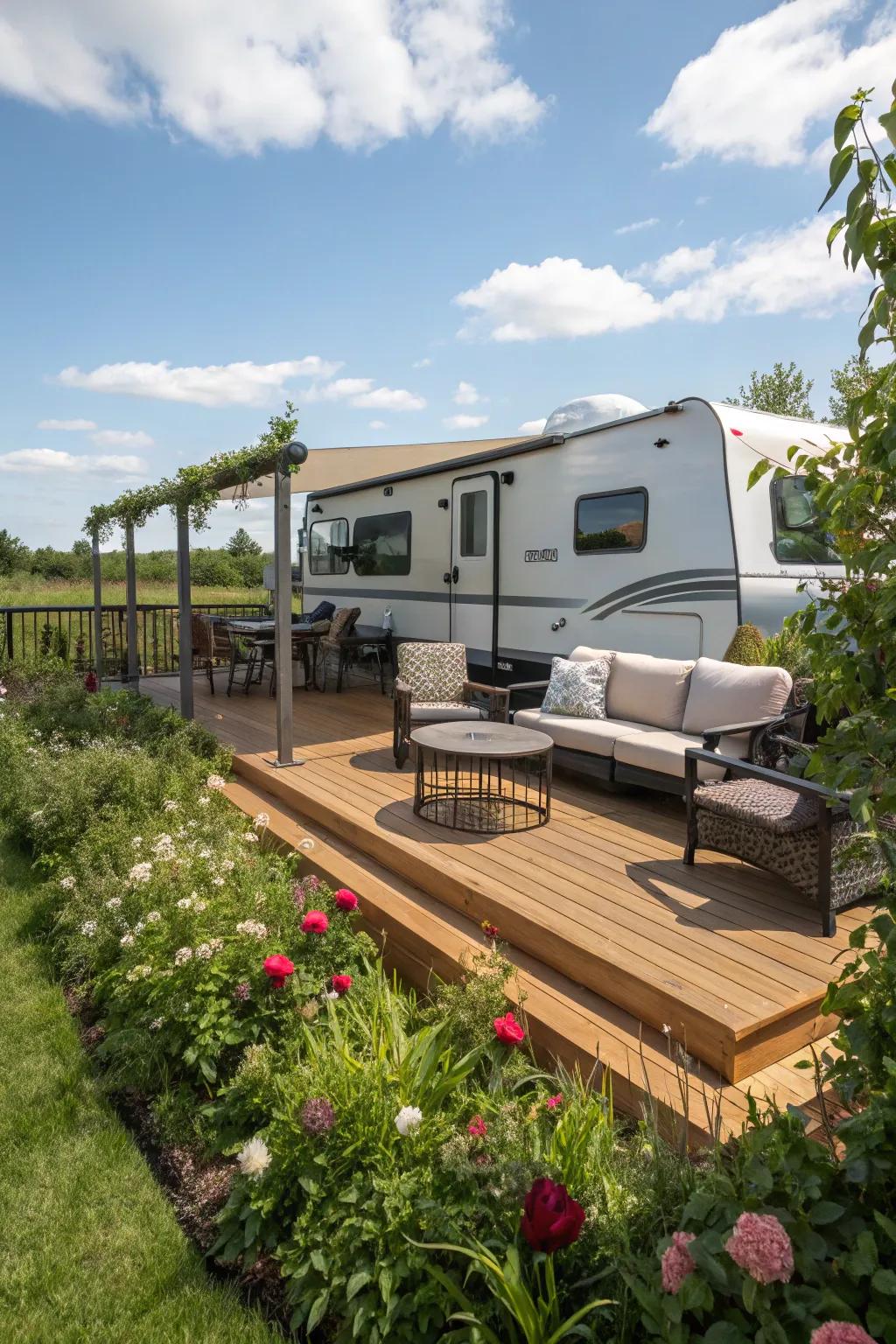 A wooden platform brings structure and style to your RV patio.