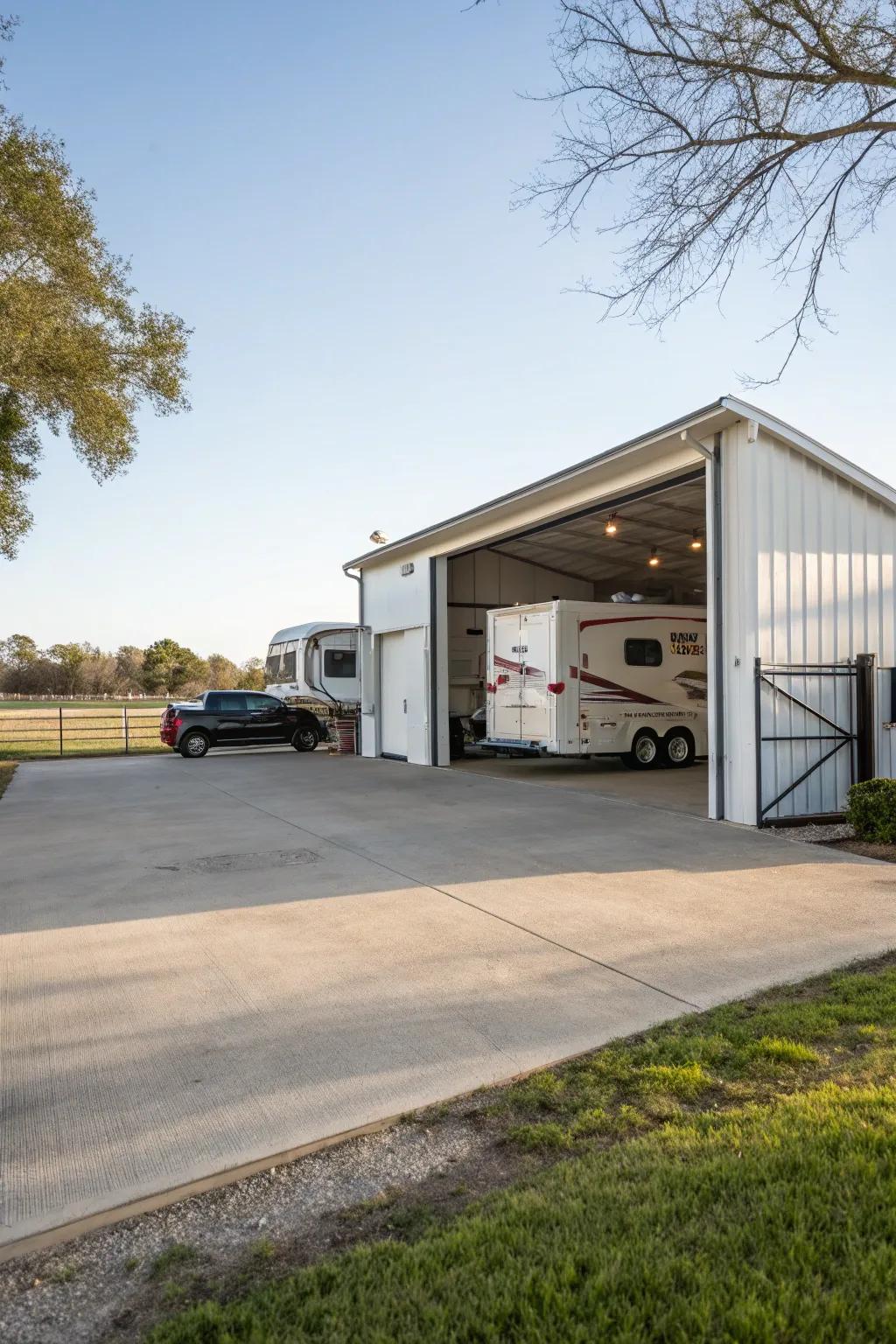A spacious RV shed capable of housing multiple vehicles.