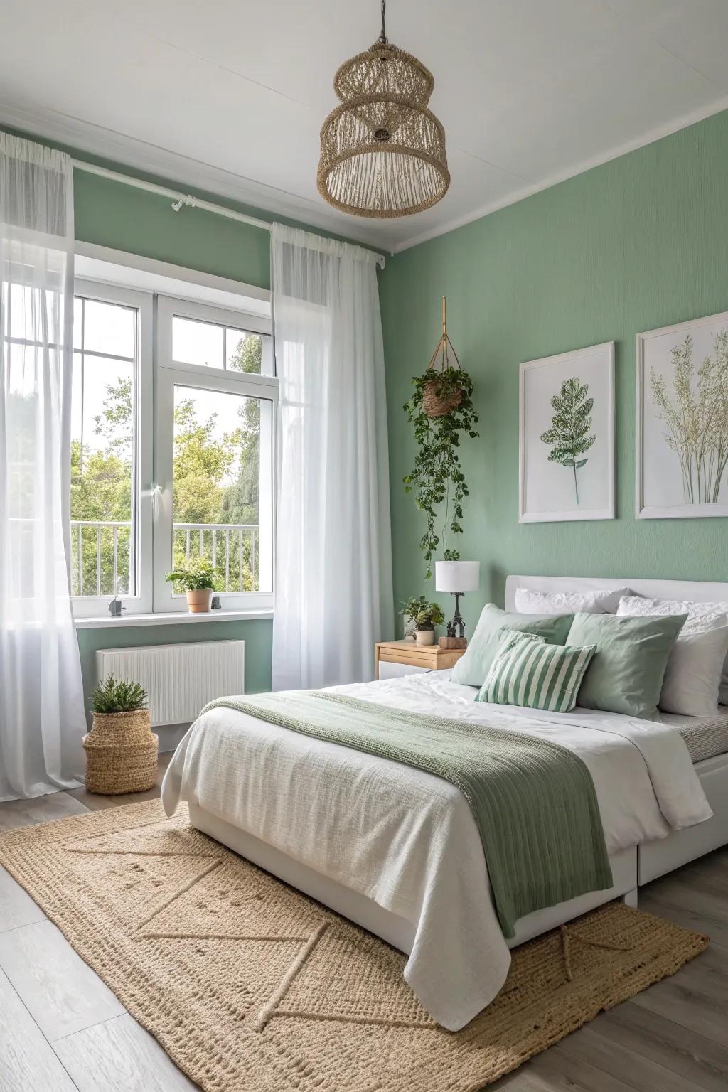 A sage green and white palette crafts a fresh, peaceful atmosphere.