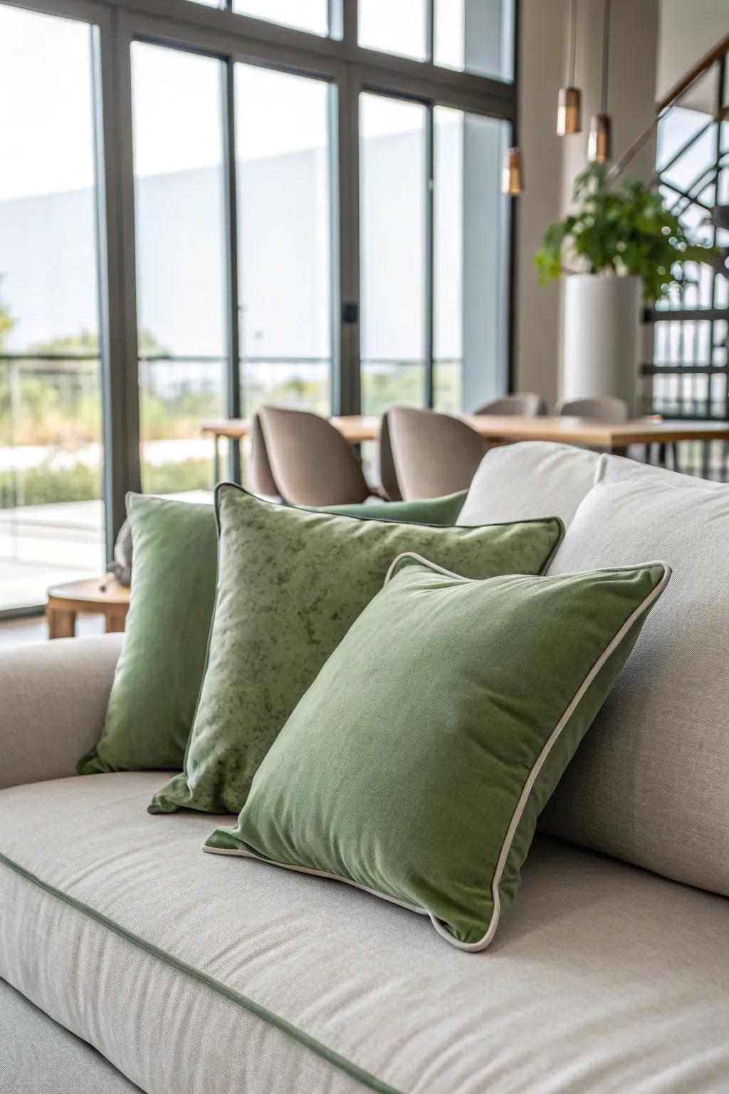 Sage green pillows add a fresh, elegant accent to any home decor.