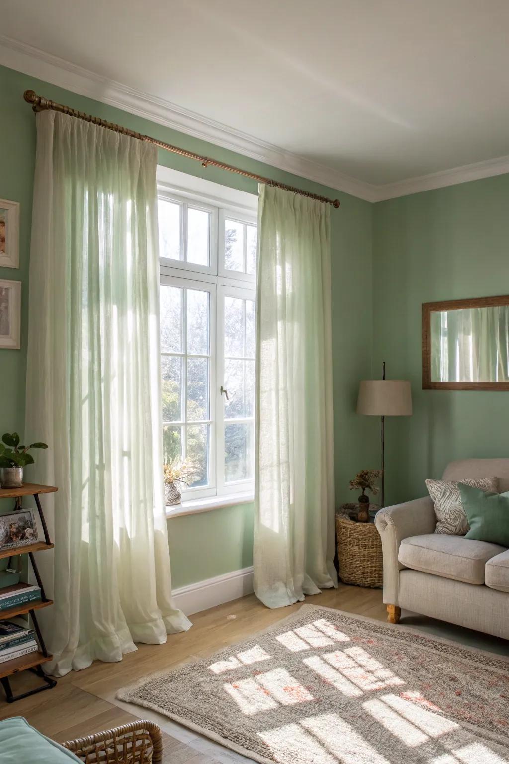 Natural light heightens the serene quality of sage green walls.