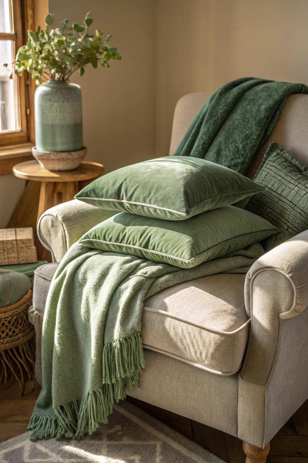 A snug area featuring layered sage green textures.
