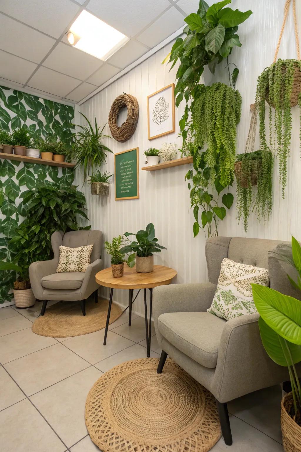 Eco-friendly touches infuse the area with serenity and freshness.