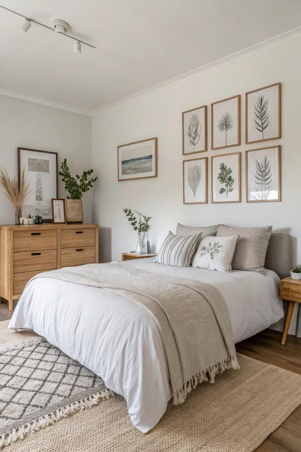 A bedroom featuring neutral toned boards and Scandinavian decor